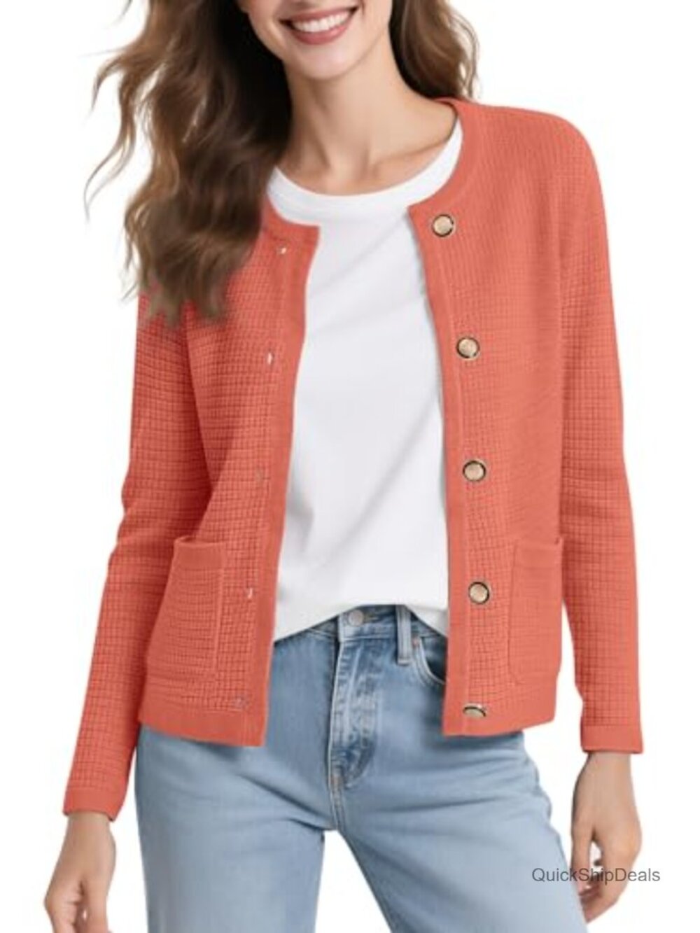 Womens Long Sleeve Crew Neck Button Down Cardigan Sweater Knitted